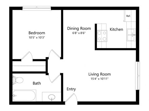 Floor plan for 1 bed, 1 bath, 663 sqft